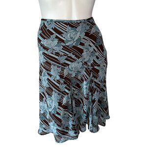 Vtg Y2k Blue Brown Floral Chiffon Flowy Midi Skirt Womens Size 18 Polyester